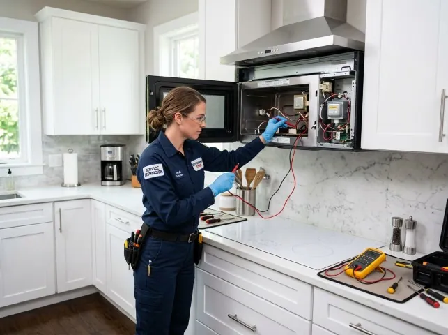 Appliance Repair Hero technician testing an over-the-range microwave in a Albemarle, NC kitchen